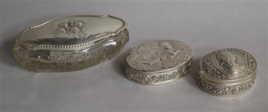 Two late 19th/early 20th century continental silver snuff boxes with import marks and a later silver lidded toilet jar.